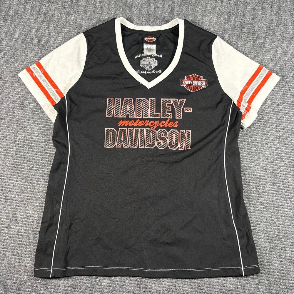 Harley-Davidson V-Neck Graphic Jersey Womens XXL Black White Excellent Biker